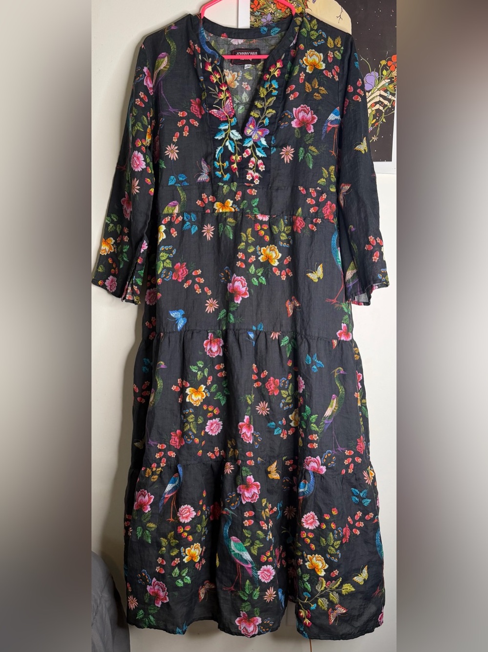 Johnny Was Workshop Boho Black Floral & Bird Maxi Dress with Multicolor Print - Picture 2 of 7